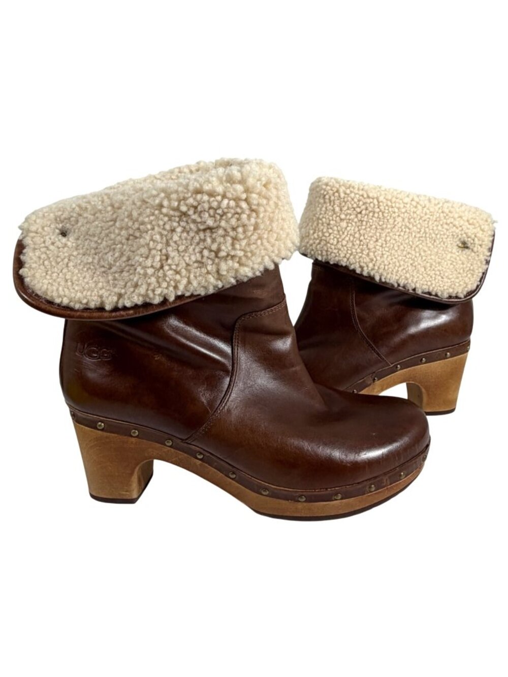 UGG Australia Lynnea Brown Leather Boots Clogs Pull On Shearling Fold-Over SZ 9